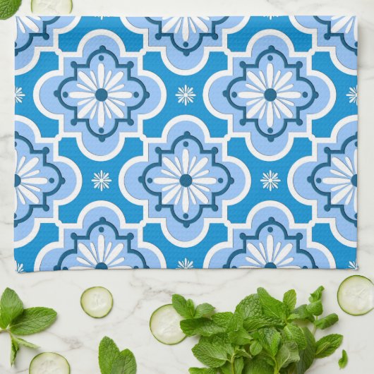 Marokkaans tegelpatroon - blauw en wit theedoek (Gevouwen)
