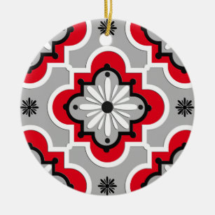 Marokkaans tegelpatroon - grijs en rood keramisch ornament