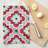 Marokkaans tegelpatroon - grijs en rood theedoek (Quarter Fold)