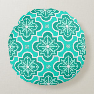 Marokkaans tegelpatroon - Turquoise en Aqua Rond Kussen