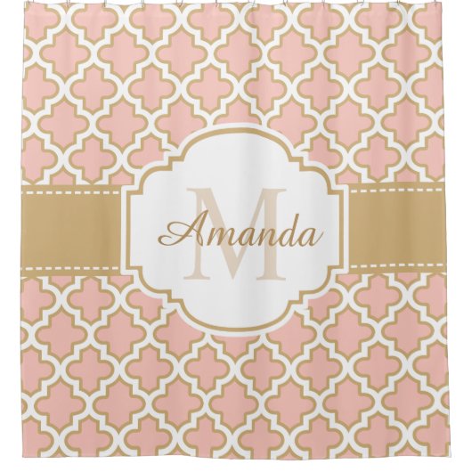Marokkaans Tile Pattern Classy Pink Coral Monogram Douchegordijn (Voorkant)
