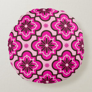 Marokkaans Tile Pattern, Fuchsia Pink en Black Rond Kussen