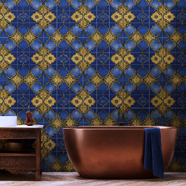 Marokkaans Traliepatroon Vierlobben Blauw Goud Behang