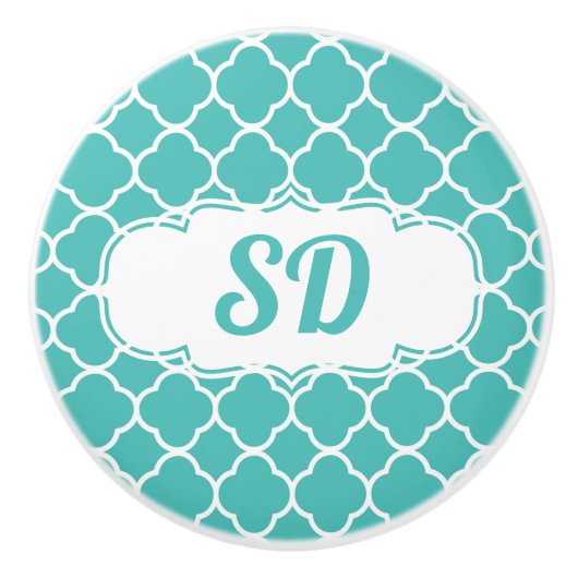 Marokkaans Turquoise Vierbladig Patroon Monogram Keramische Knop (Voorkant)