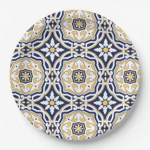 Marokkaans vivid blauw geel, ingewikkeld geometris papieren bordje