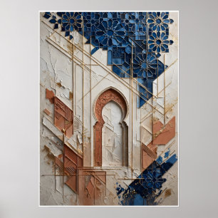 Marokkaanse architectuurposter in blauw en oker poster