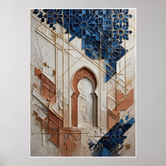 Marokkaanse architectuurposter in blauw en oker poster