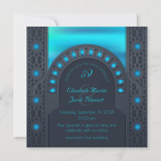 Marokkaanse Archway Blauwe Virtuele Bruiloft Kaart (Voorkant)
