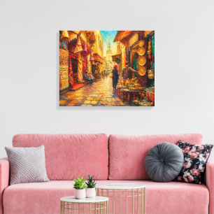 Marokkaanse bazaarstraat olieverfschildering  canvas afdruk
