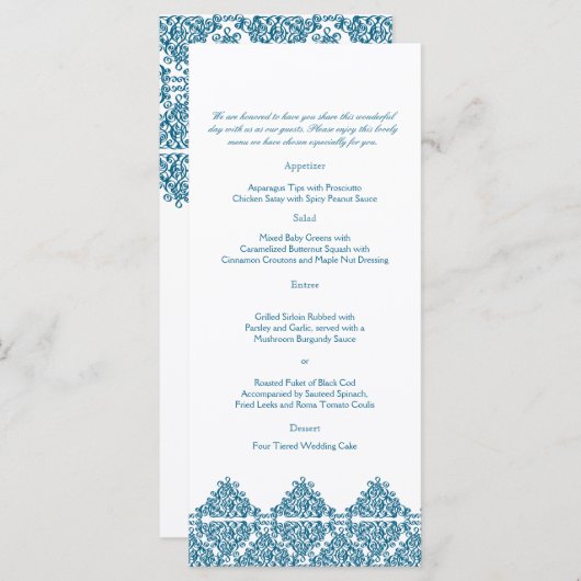 Marokkaanse Blauwe Damast Bruiloft Menu (Voorkant / Achterkant)