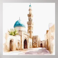 Marokkaanse blauwe koepel en minaret aquarel wandk