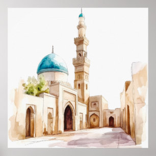 Marokkaanse blauwe koepel en minaret aquarel wandk poster