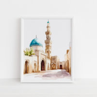 Marokkaanse Blue Dome en Minaret Waterverf Wall Ar