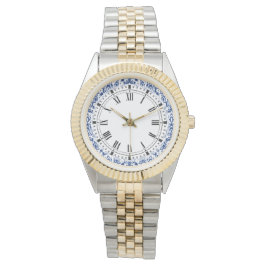 Marokkaanse Casbah Elegant Blauw en Wit Damast Horloge