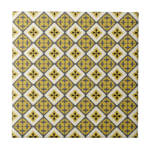 Marokkaanse Floral Tile Pattern Yellow Grey Black Tegeltje