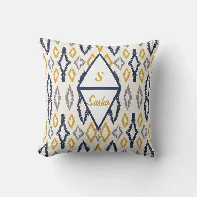Marokkaanse Ikat Blue Yellow White, gepersonalisee Kussen (Voorkant)