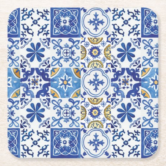 Marokkaanse mozaïekTegels blauw geel Kartonnen Onderzetters (Voorkant)
