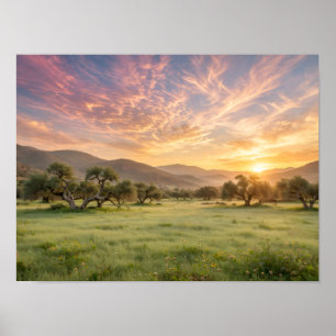 Marokkaanse olijfgaard zonsondergang - Roze Gouden Poster