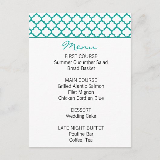 Marokkaanse Patroon Blauwgroen bruiloft Menu (Voorkant)