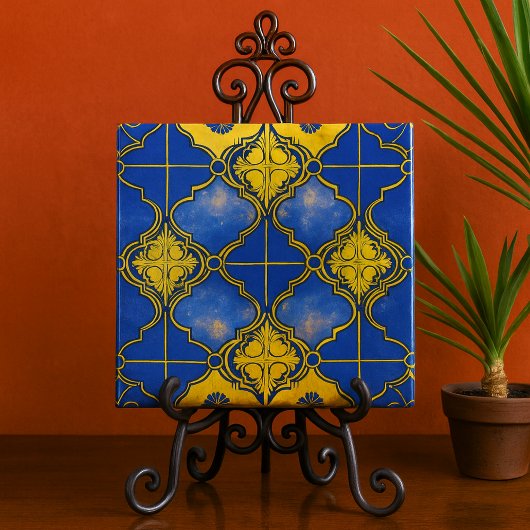 Marokkaanse Patroon Quatrefoils blauw en goud Tegeltje