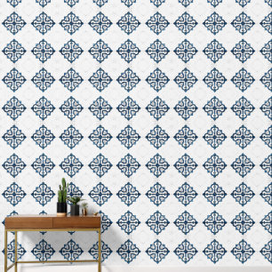 Marokkaanse Quatrefoil Blauw en Wit Marmer Behang