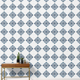 Marokkaanse Quatrefoil Blauw en Wit Marmer Behang