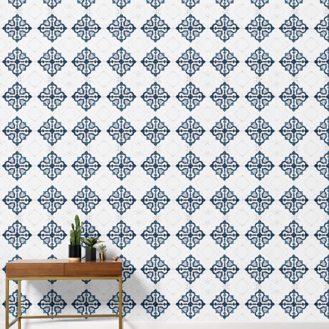 Marokkaanse Quatrefoil Blauw en Wit Marmer Behang (Hal)