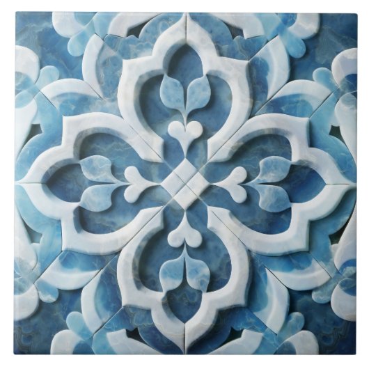 Marokkaanse Quatrefoil Blauw en Wit Marmer Tegeltje (Voorkant)