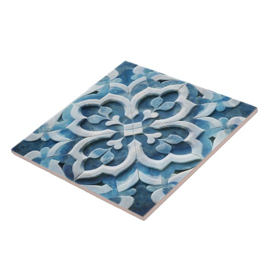 Marokkaanse Quatrefoil Blauw en Wit Marmer Tegeltje (Zijkant)