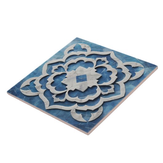 Marokkaanse Quatrefoil Blauw en Wit Marmer Tegeltje (Zijkant)