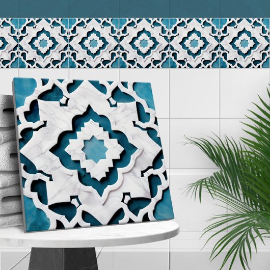 Marokkaanse Quatrefoil Blauw en Wit Marmer Tegeltje