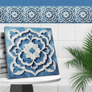 Marokkaanse Quatrefoil Blauw en Wit Marmer Tegeltje