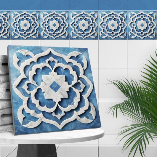 Marokkaanse Quatrefoil Blauw en Wit Marmer Tegeltje