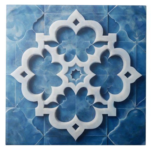 Marokkaanse Quatrefoil Blauw en Wit Marmer Tegeltje (Voorkant)