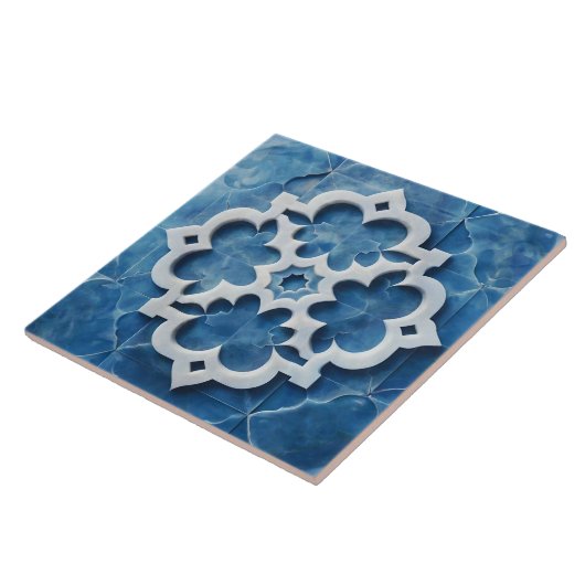 Marokkaanse Quatrefoil Blauw en Wit Marmer Tegeltje (Zijkant)