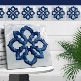 Marokkaanse Quatrefoil Blauw Marmer en Parel Tegeltje