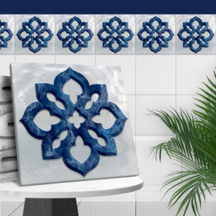 Marokkaanse Quatrefoil Blauw Marmer en Parel Tegeltje