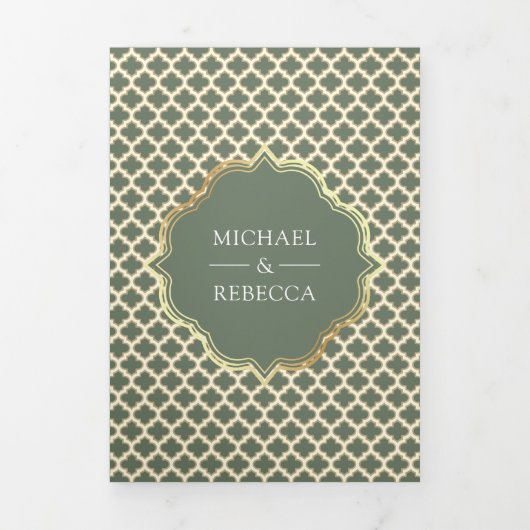 Marokkaanse Quatrefoil Boho Sage Green Arch Weddin Drieluik Uitnodiging (Cover)