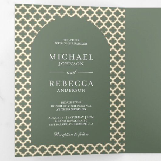 Marokkaanse Quatrefoil Boho Sage Green Arch Weddin Drieluik Uitnodiging (Binnenzijde eerst)