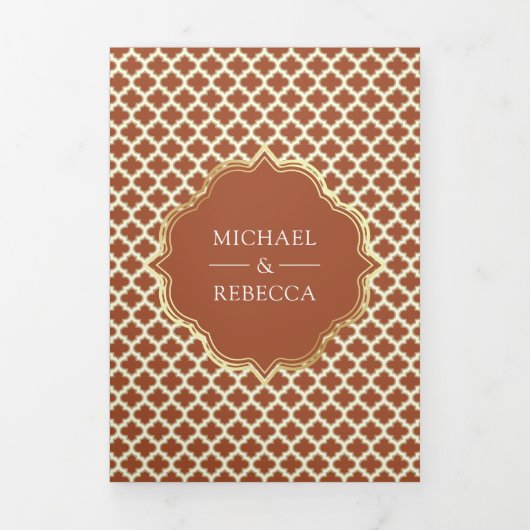 Marokkaanse Quatrefoil Boho Terracotta Arch Bruilo Drieluik Uitnodiging (Cover)