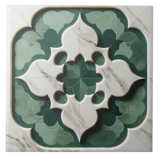 Marokkaanse Quatrefoil Gedempt Groen en Wit Marmer Tegeltje (Voorkant)
