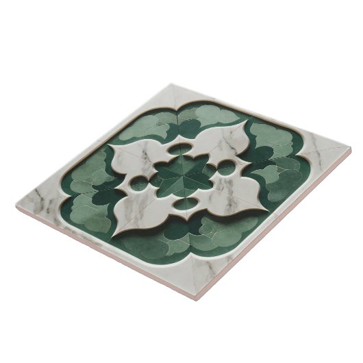 Marokkaanse Quatrefoil Gedempt Groen en Wit Marmer Tegeltje (Zijkant)