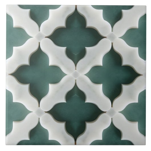 Marokkaanse Quatrefoil Gedempt Groen en Wit Marmer Tegeltje (Voorkant)