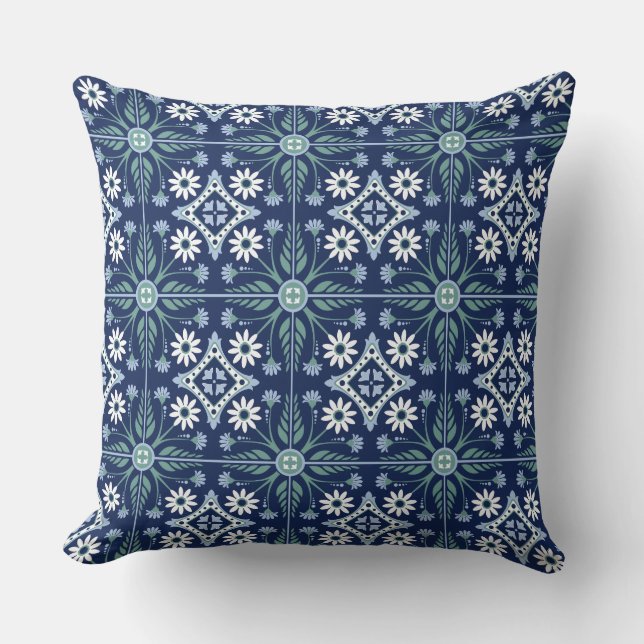Marokkaanse tegel arabesque vivid blauw wit groen kussen (Voorkant)