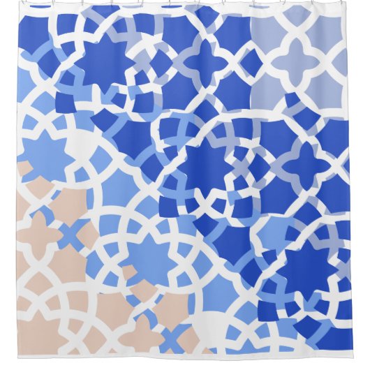 Marokkaanse tegel blauw beige print douchegordijn (Voorkant)