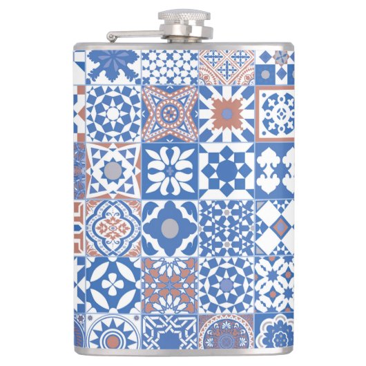 Marokkaanse tegel blauw, bruin heupfles (Voorkant)