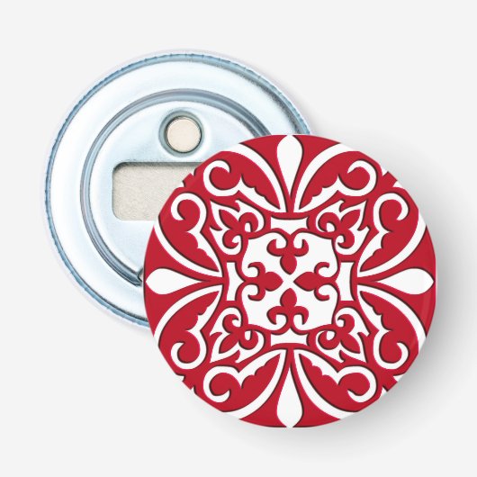 Marokkaanse tegel - donkerrood en wit button flesopener (Voorkant)
