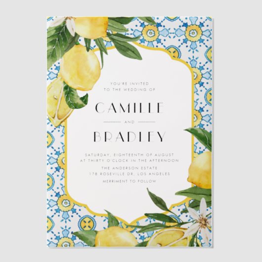 Marokkaanse Tegel en citroenen Mediterrane bruilof Vellum Uitnodigingen (Voorkant)