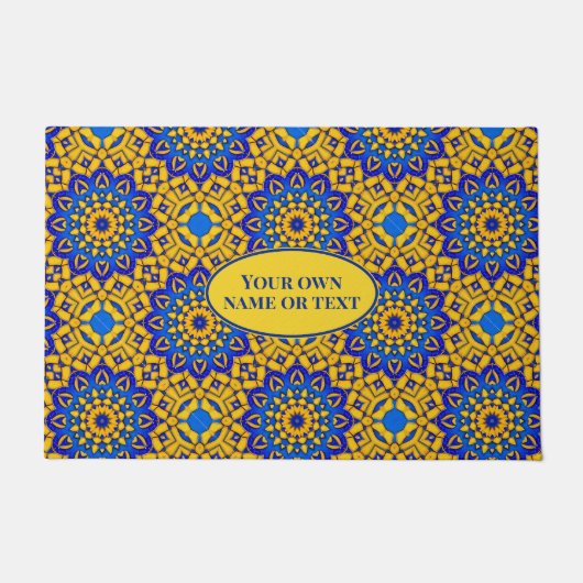 Marokkaanse Tegel in blauw en geel met eigen tekst Deurmat (Voorkant)