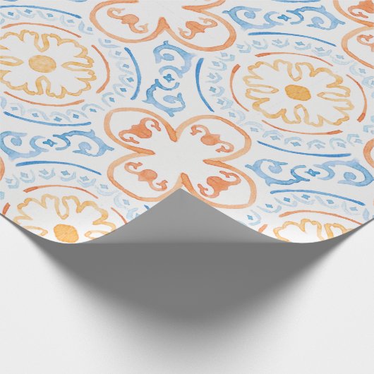 Marokkaanse tegel in blauw en oranje inpakpapier (Hoek)